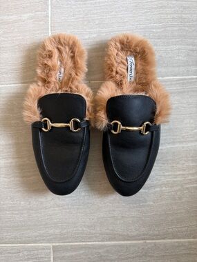 Forever Link Black Faux Fur-Lined Mules with Gold Bit
